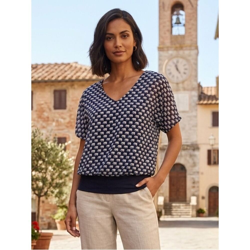 Take 50% OFF- CAbi Navy Top with White Elephant Print V-Neck, Size-S